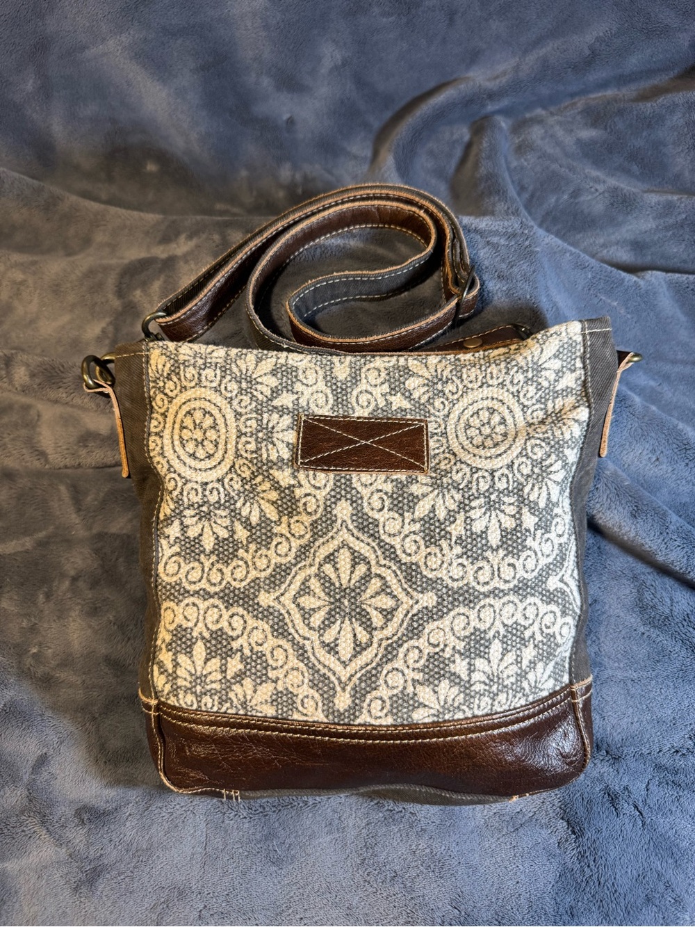 MYRA FREAKY LEATHER SHOULDER BAG - TRIBAL FLORAL PRINT WITH LEATHER TRIM